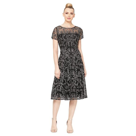 S.L. Fashions  Tea Length Cap Sleeve Illusion Neckline Embroidered Lace 10 - Picture 1 of 1